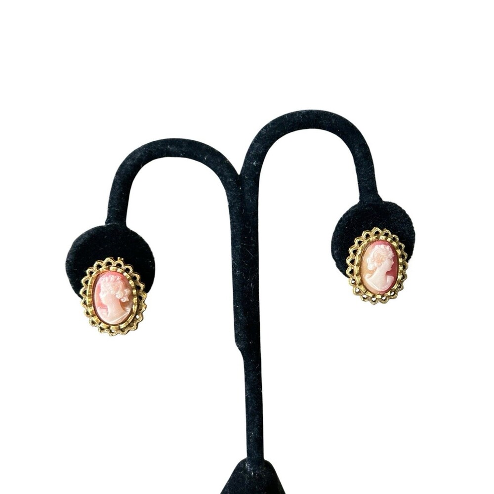 Vintage CORO Pink Cameo Clip On Earrings Gold Tone Victorian Signed